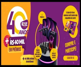 Banner colorido da Promoção Ritz Sorvetes 2025 mostrando prêmios como iPhones, patinetes elétricos e caixa de som JBL, com chamada para compras e cadastro.