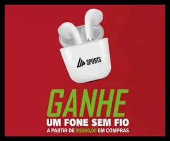 Fone sem fio branco da UP Sports com fundo vermelho e texto promocional destacando o brinde por compras a partir de R$600.