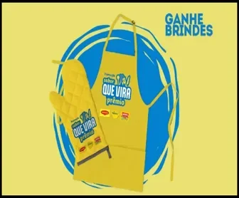 Brindes promocionais da campanha Nestlé "Sabor Que Vira Prêmio", incluindo luva térmica e avental amarelos com logos da Maggi, Nestlé e Ninho.