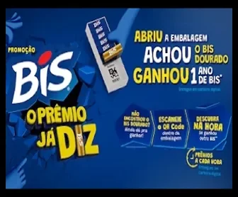 Imagem oficial da promoção Bis 2025 mostrando Bis Dourado e instruções para ganhar até 1 ano de chocolate grátis.