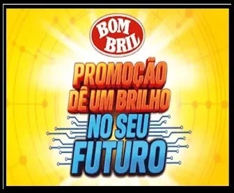 Logo oficial da Promoção Bombril 2025 Dê um Brilho no Seu Futuro, com fundo amarelo e destaque nas cores vermelho e azul.