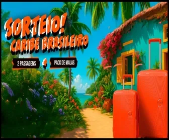 Imagem promocional do Sorteio Caribe Brasileiro American Tourister 2025, com malas vermelhas e cenário tropical.