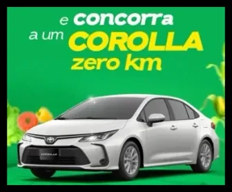 imagem promocional de um Toyota Corolla branco zero km com fundo verde, destacando a frase "concorra a um Corolla zero km"