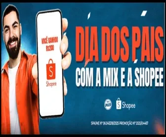 Homem sorridente segura celular com tela exibindo “Você ganhou R$200 - Shopee”, ao lado do texto promocional “Dia dos Pais com a Mix e a Shopee”.
