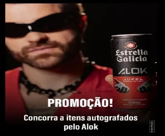 Imagem de Alok segurando uma lata da cerveja Estrella Galicia, destacando promoção de itens autografados.