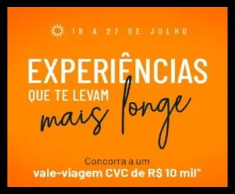 Banner laranja da promoção Férias 2025 do Outlet Premium Imigrantes com frase “Experiências que te levam mais longe” e destaque para vale-viagem CVC de R$10 mil.