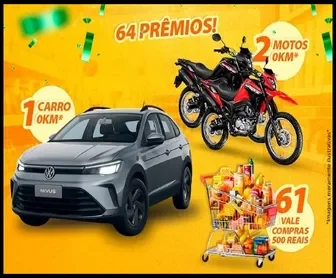 Imagem promocional da campanha de 64 anos do Supermercado Fonseca com sorteio de 1 carro 0km, 2 motos 0km e 61 vales-compras de R$500.