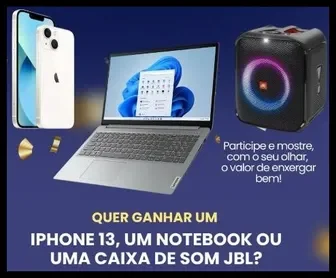 Imagem promocional do concurso “O Quanto Sua Visão Importa?” da H. Olhos, com prêmios como iPhone 13, notebook e caixa de som JBL.