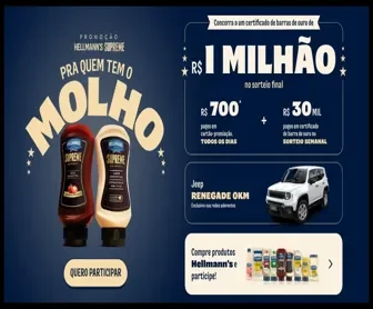 Promoção Hellmann’s Supreme 2025 – Concorra a R$700 por dia, R$30 mil por semana, Jeep Renegade 0 km e R$1 milhão no sorteio final.