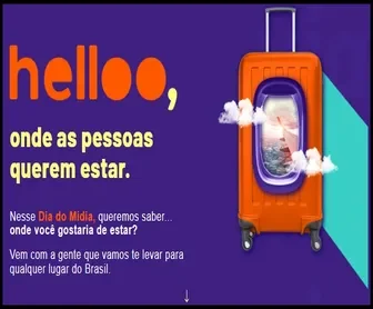 Promoção Helloo Dia do Mídia 2025 com vale-viagem de R$10 mil para destinos nacionais, ilustrada por uma mala laranja com janela de avião e paisagem tropical.