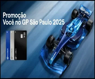 Promoção Porto Bank GP São Paulo 2025 com imagem de carro de Fórmula 1 azul estilizado.