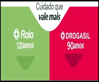 Logo da promoção "Cuidado que Vale Mais" das drogarias Raia (120 anos) e Drogasil (90 anos), com fundo verde e vermelho.