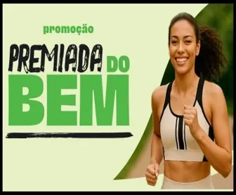 Mulher sorridente praticando corrida ao lado do título “Promoção Premiada do Bem” em destaque.