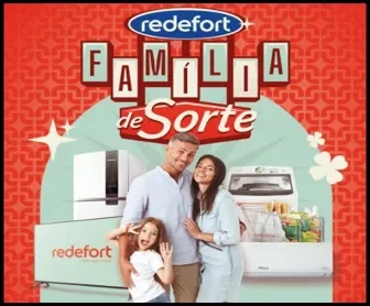 Família sorridente ao lado de prêmios como geladeira, máquina de lavar, freezer e carrinho de compras, com o logotipo da promoção Família de Sorte dos Supermercados Redefort.