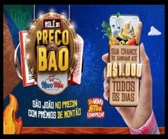 Arte da promoção “Rolê do Preço Bão” do NovoMix com destaque para prêmios de até R$ 1.000 por dia no São João, exibindo elementos juninos e um celular com produtos de supermercado.