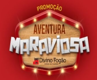 Banner promocional do Divino Fogão destacando a promoção 'Aventura Maraviosa', com imagens temáticas do filme Chico Bento e a Goiabeira Maraviosa, mostrando ingressos de cinema, o Youtuber Isaac Amendoim e um kit de prêmios exclusivos. Elementos gráficos incluem o logotipo do Divino Fogão e cores vibrantes que remetem ao universo rural.