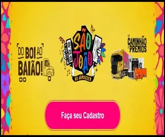 Banner da promoção São João no Armazzem 2025 com o tema "Do Boi ao Baião", destacando um caminhão de prêmios e botão de cadastro.