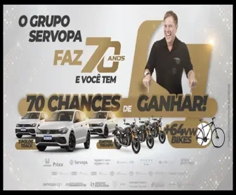 promoção aniversário 70 anos grupo servopa com prêmios incluindo carros polo track, motos triumph e bicicletas vw