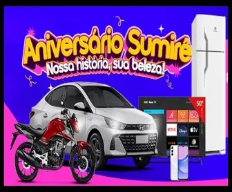 Aniversário Sumirê 2025: carro, moto, TV, geladeira e smartphone em fundo colorido, com slogan “Nossa história, sua beleza”.