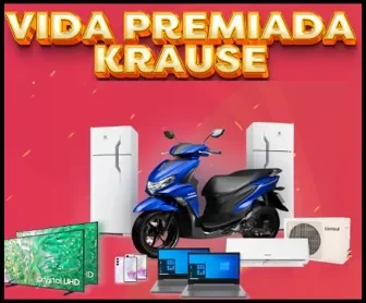 Prêmios da promoção Vida Premiada Krause 2025 incluindo motocicleta Yamaha, geladeiras, notebooks, smartphones, TV e ar-condicionado.