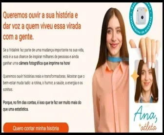Imagem da campanha Vidalink “Eu sou mais que um número” mostrando uma mulher sorridente, mensagem de incentivo para compartilhar histórias reais e prêmio de câmera fotográfica instantânea.